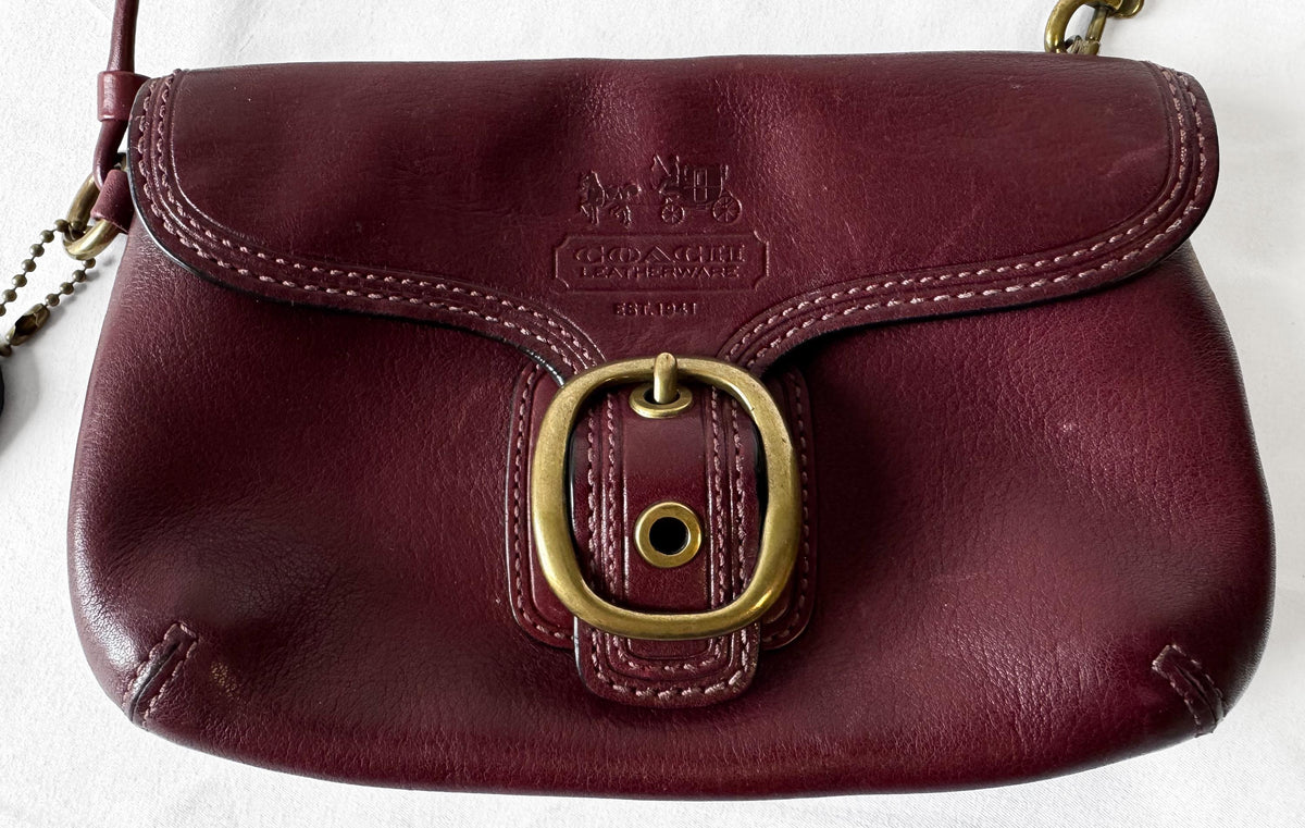 Y2K Coach Bleeker Burgundy Wine Leather Buckle Flap Wristlet, Vintage Unique Coach Bag