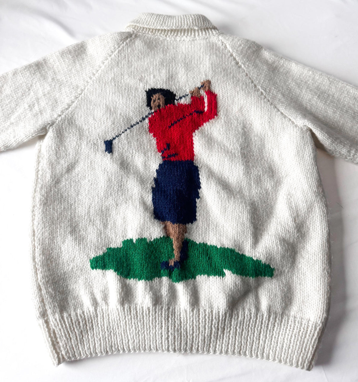 Vintage 50s White "Fore" Golf Themed Print Cowichan Zip Up Handknit Cardigan Sweater, Approx. Women's Sz. S