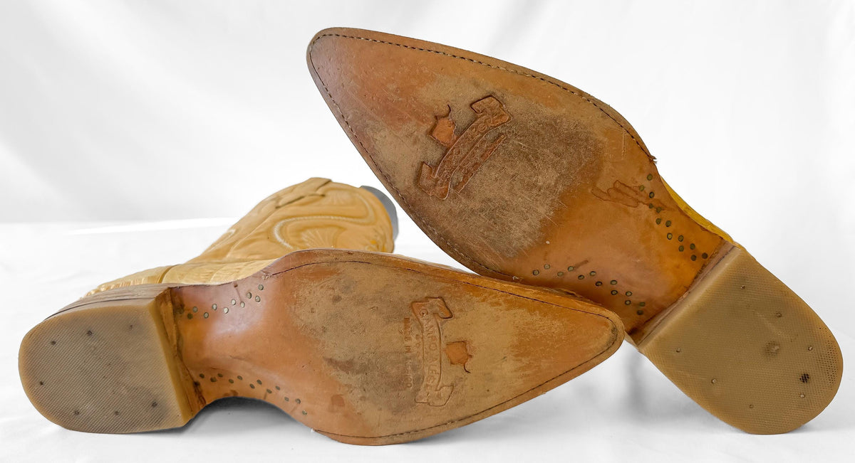 Vintage Style Campo Alegre Crocodile Caiman Golden Tan Embossed Leather Cowboy Boots, Men's Sz. 9, Unique Festival Rodeo Western Boots