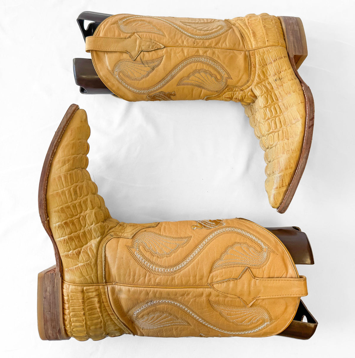 Vintage Style Campo Alegre Crocodile Caiman Golden Tan Embossed Leather Cowboy Boots, Men's Sz. 9, Unique Festival Rodeo Western Boots