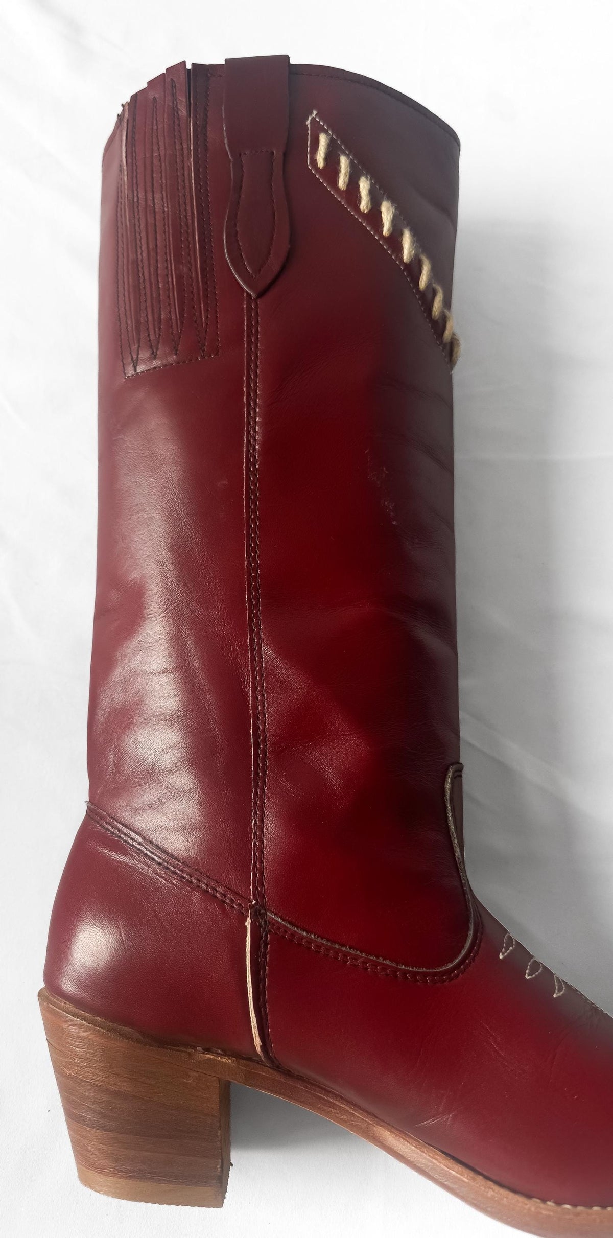 Vintage 70s Acme Burgundy Maroon Red Whipstitch Leather Knee High Western Cowboy Boots, Women's Sz. 9.5M, Unique Festival Cowgirl Boots