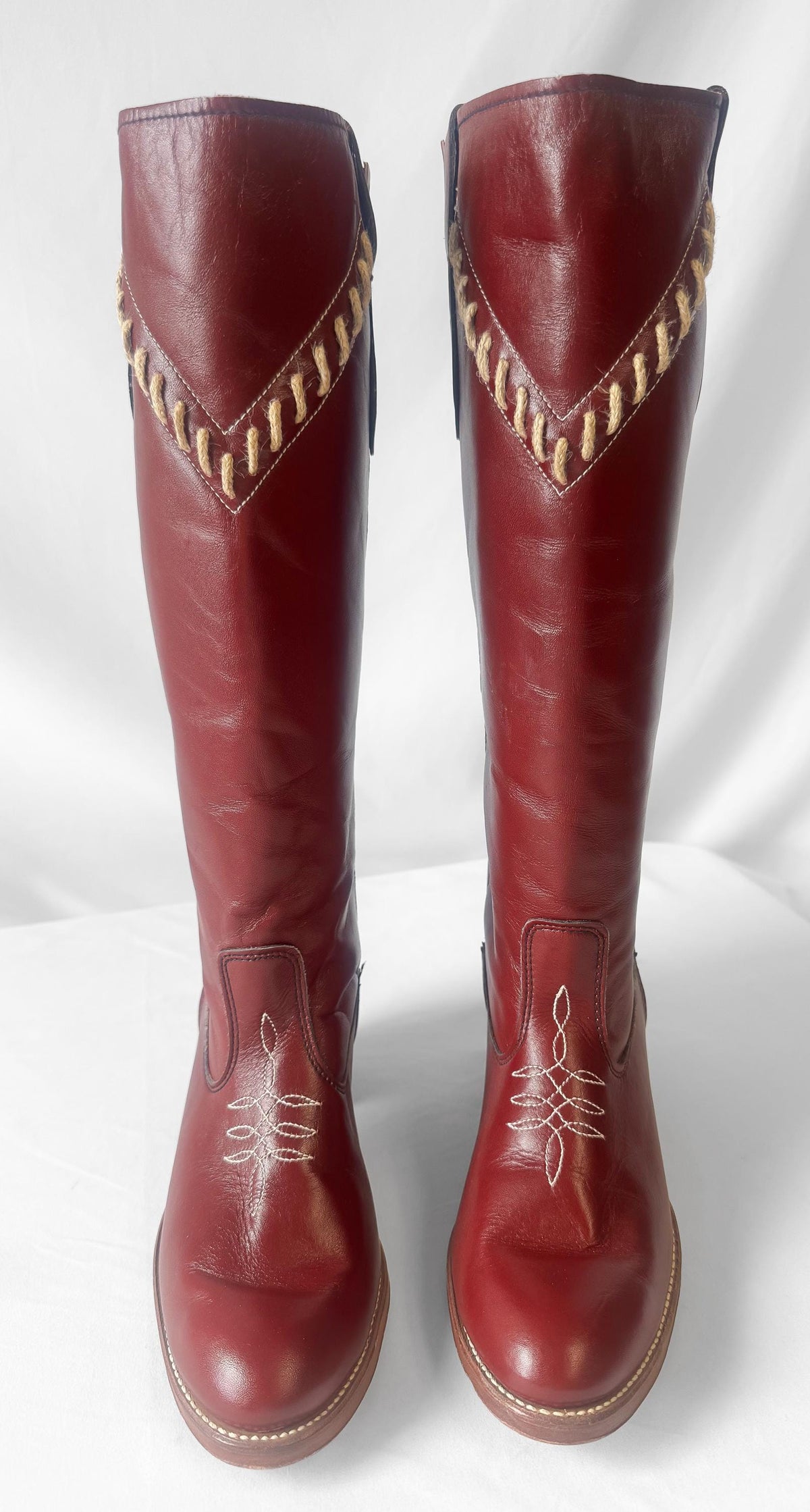 Vintage 70s Acme Burgundy Maroon Red Whipstitch Leather Knee High Western Cowboy Boots, Women's Sz. 9.5M, Unique Festival Cowgirl Boots