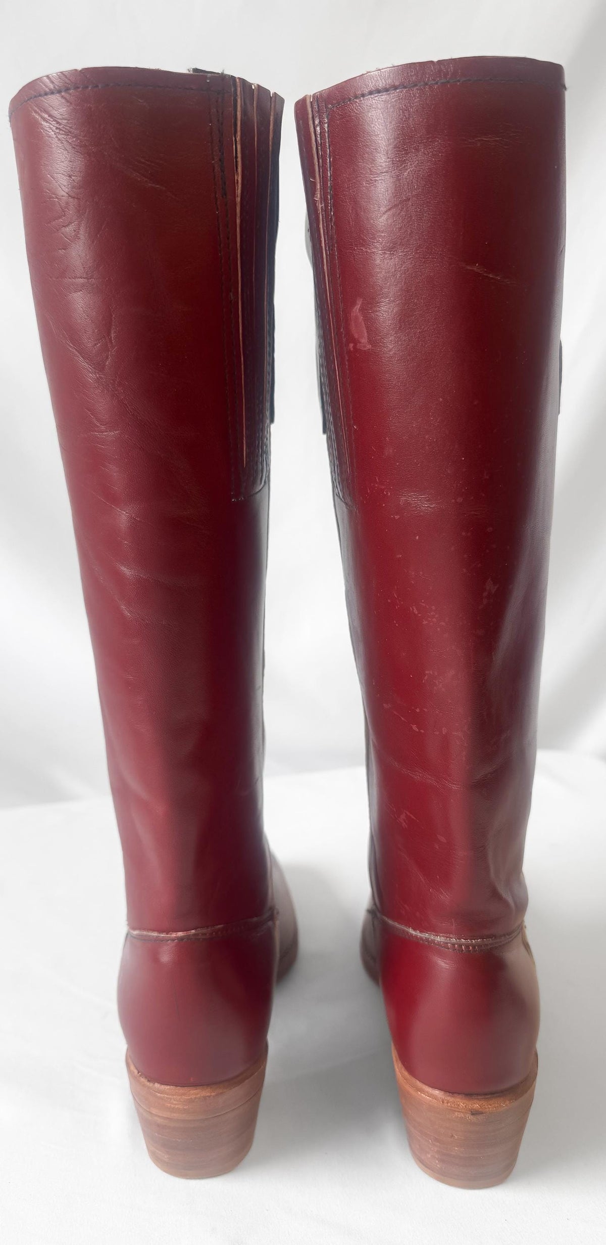 Vintage 70s Acme Burgundy Maroon Red Whipstitch Leather Knee High Western Cowboy Boots, Women's Sz. 9.5M, Unique Festival Cowgirl Boots