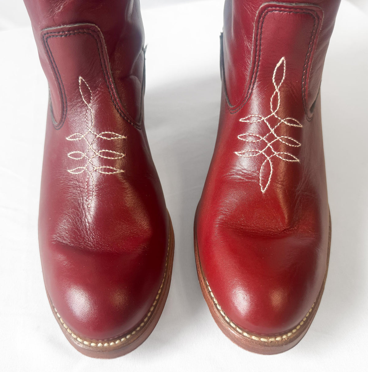 Vintage 70s Acme Burgundy Maroon Red Whipstitch Leather Knee High Western Cowboy Boots, Women's Sz. 9.5M, Unique Festival Cowgirl Boots