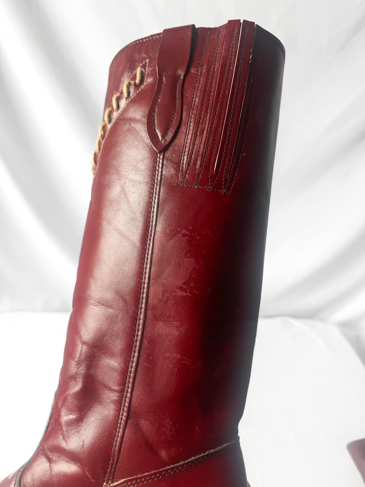 Vintage 70s Acme Burgundy Maroon Red Whipstitch Leather Knee High Western Cowboy Boots, Women's Sz. 9.5M, Unique Festival Cowgirl Boots