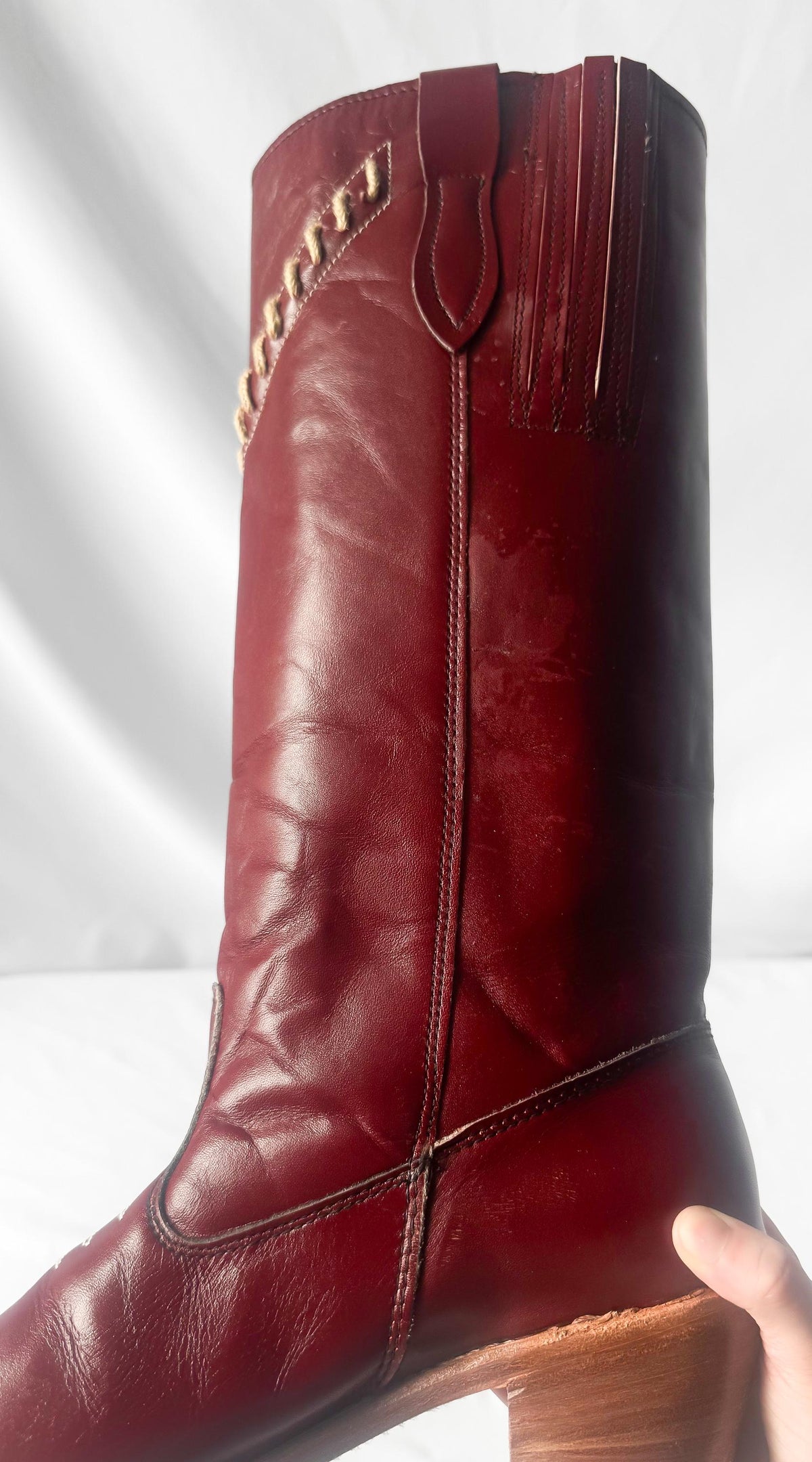 Vintage 70s Acme Burgundy Maroon Red Whipstitch Leather Knee High Western Cowboy Boots, Women's Sz. 9.5M, Unique Festival Cowgirl Boots