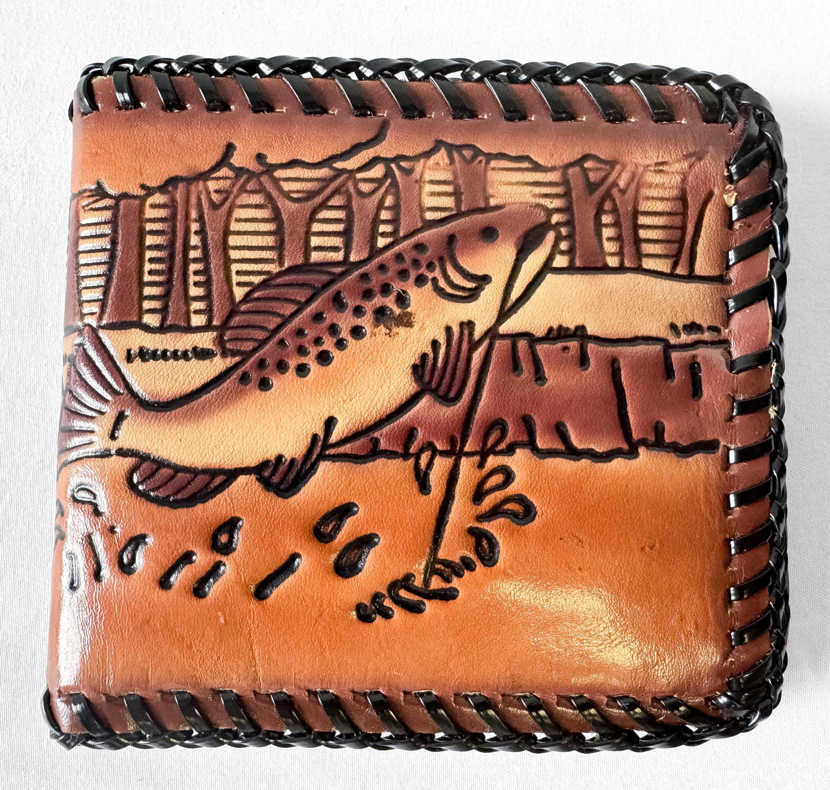 Vintage Handcrafted Fish Fisherman Tooled Leather Bifold Wallet, Unique Western Country Nature Style Wallet