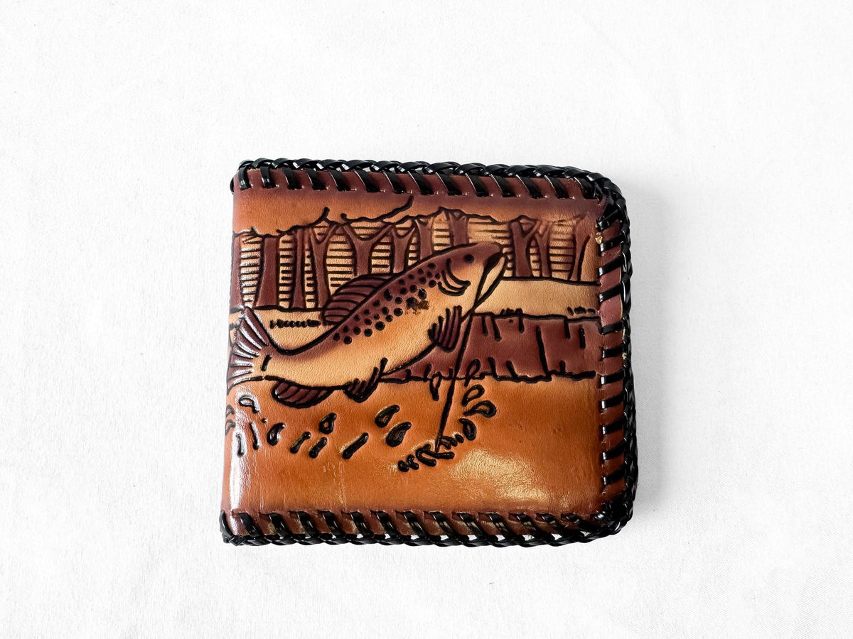 Vintage Handcrafted Fish Fisherman Tooled Leather Bifold Wallet, Unique Western Country Nature Style Wallet