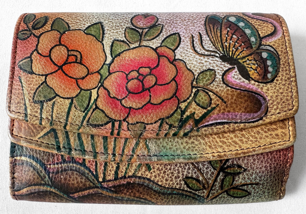 Anushka Multicolor Floral Butterfly Hand Painted Leather Wallet, Unique Boho Style Wallet