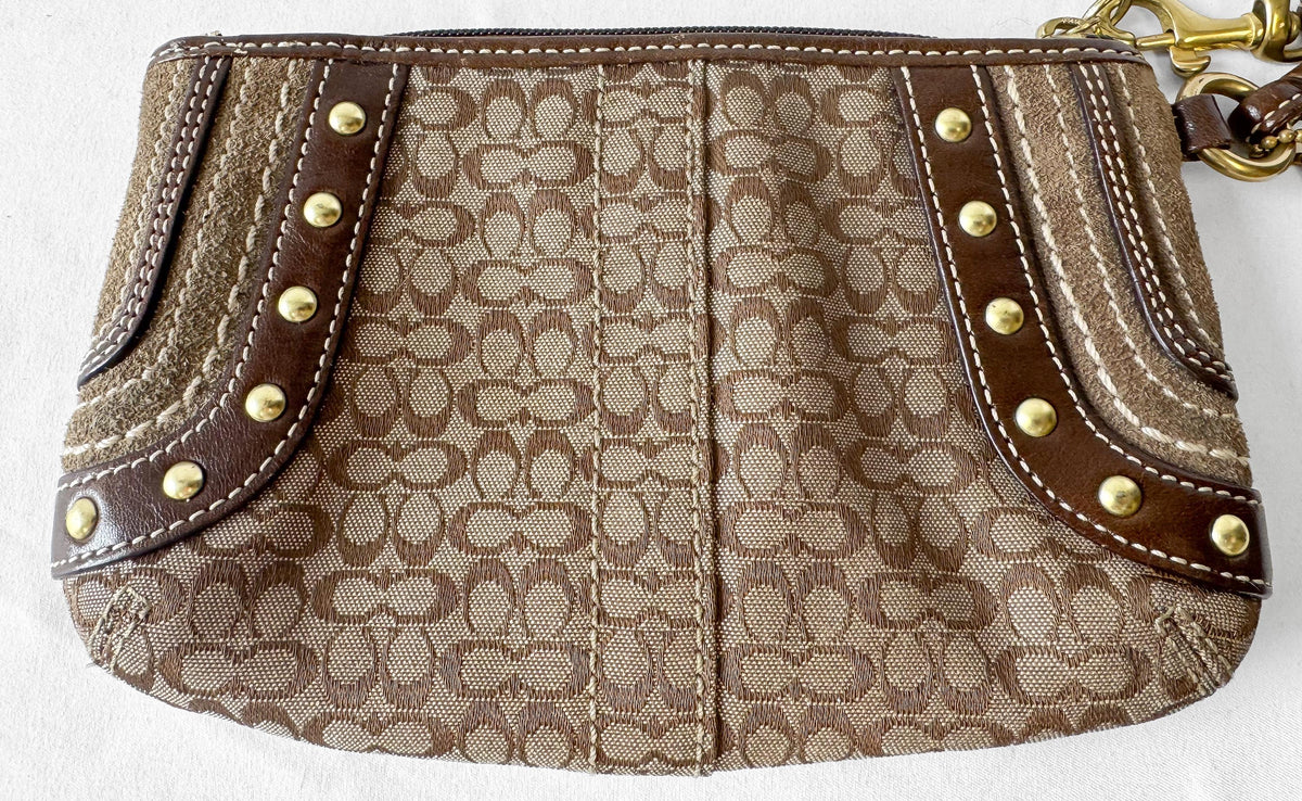Y2K Coach Soho Signature Beige Brown Canvas Leather Suede Studded Wristlet