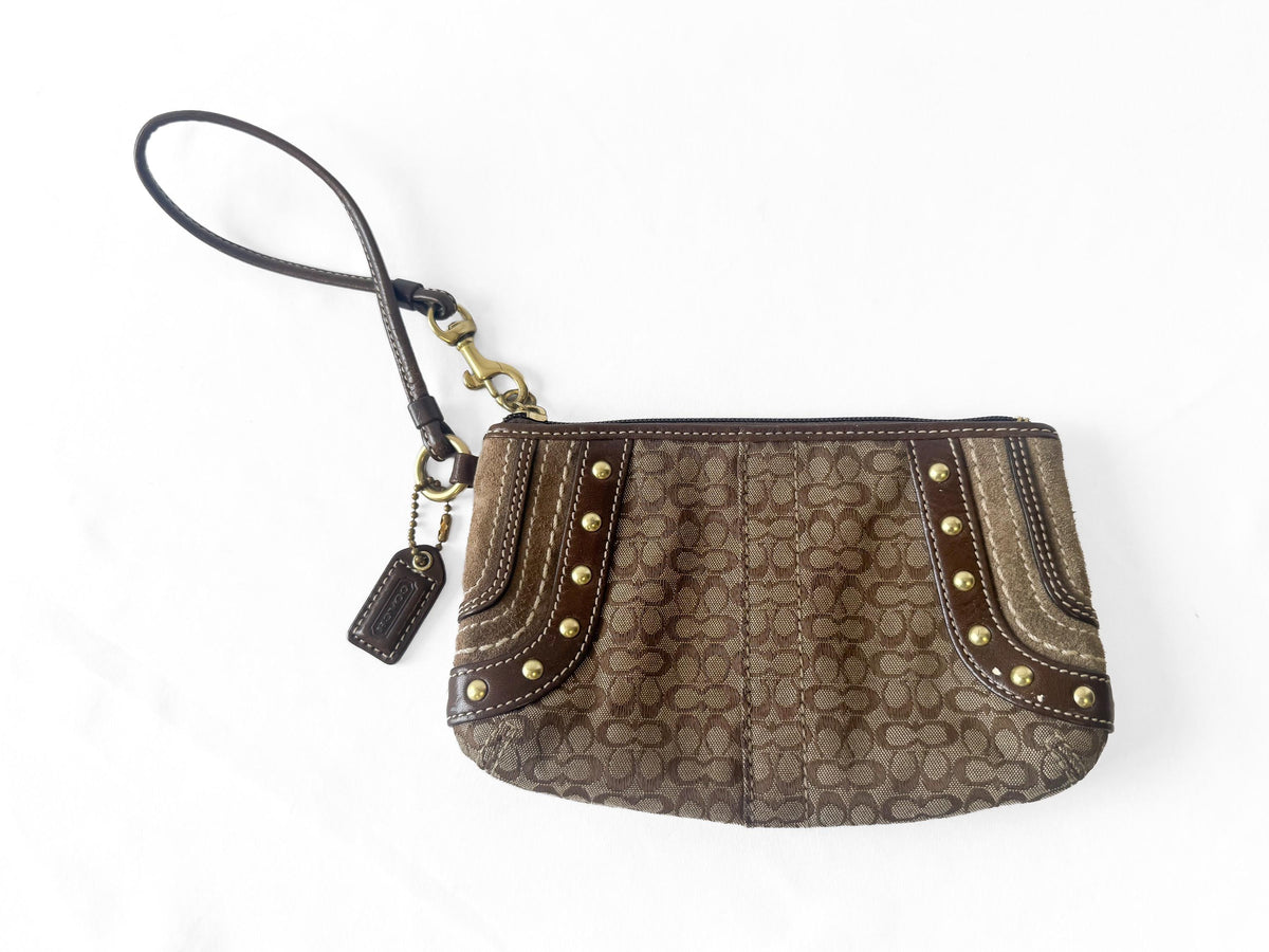 Y2K Coach Soho Signature Beige Brown Canvas Leather Suede Studded Wristlet