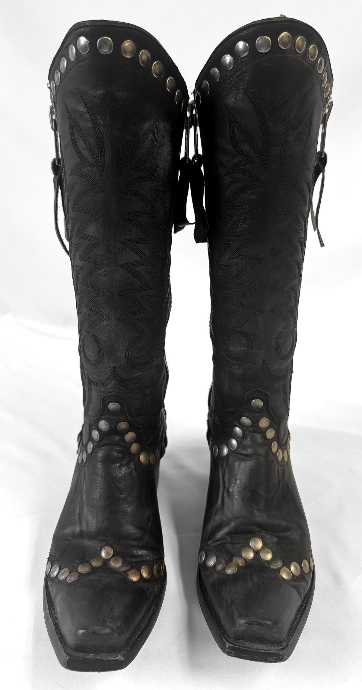 Vintage Style Old Gringo "Rockrazz" Black Studded Leather Knee High Cowboy Western Boots, Women's Sz. 6.5B