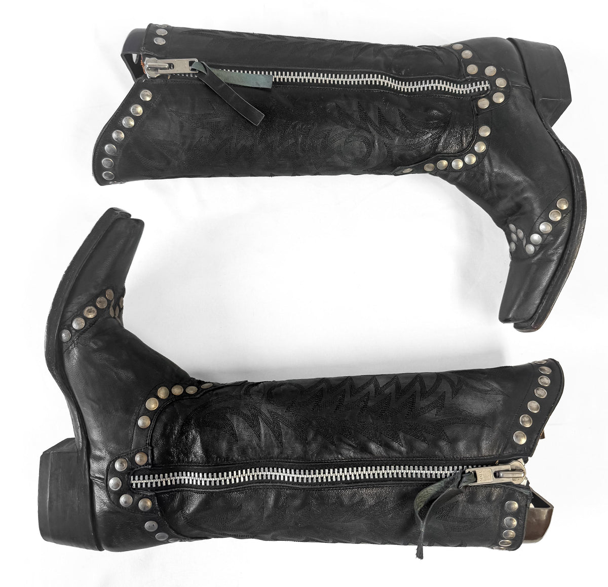 Vintage Style Old Gringo "Rockrazz" Black Studded Leather Knee High Cowboy Western Boots, Women's Sz. 6.5B