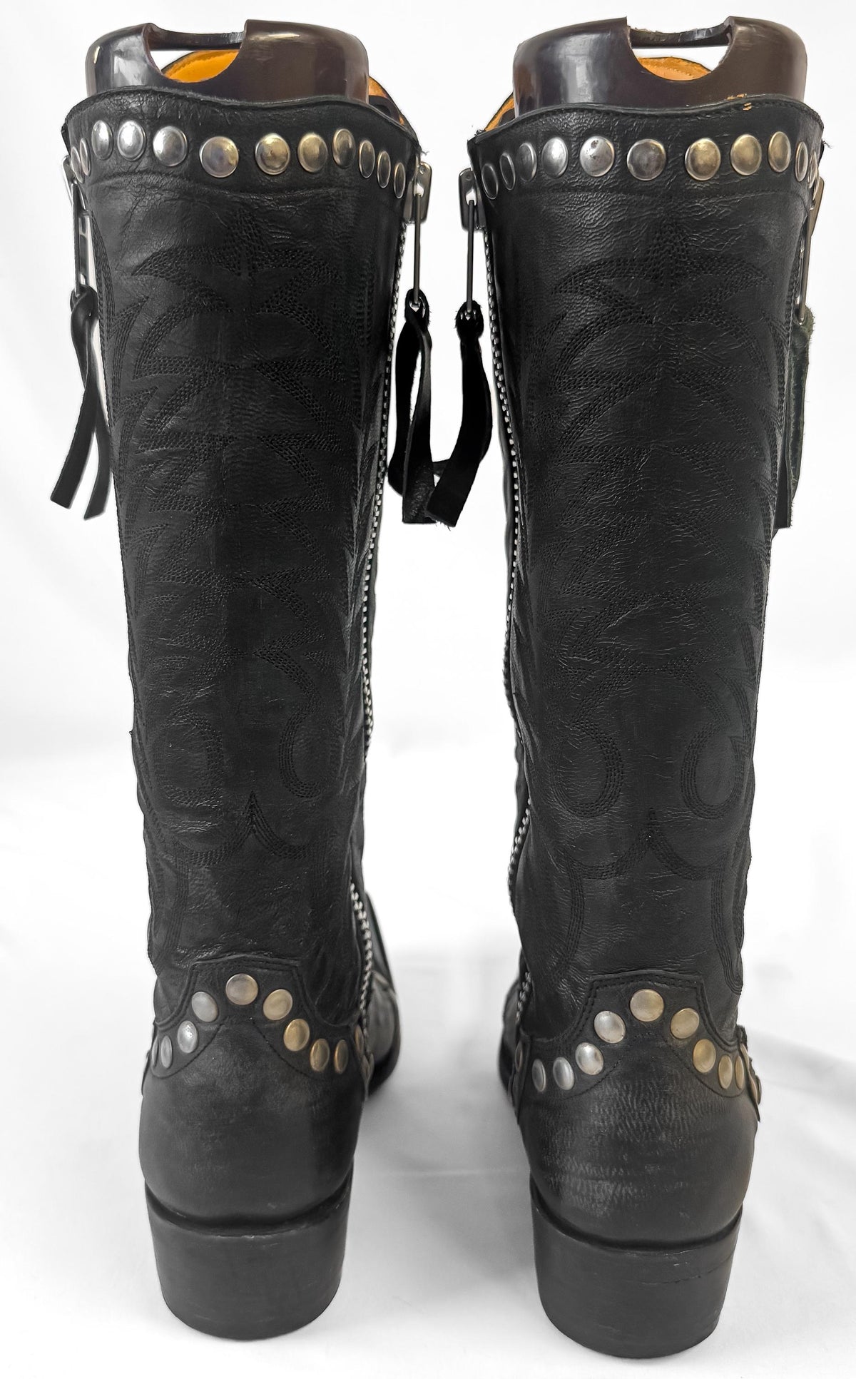 Vintage Style Old Gringo "Rockrazz" Black Studded Leather Knee High Cowboy Western Boots, Women's Sz. 6.5B