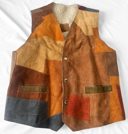 Vintage Brown Multicolor Colorblock Patchwork Suede Leather Faux Sherpa Lined Unisex Vest, Approx. Men's Sz. L, Retro 70s Boho Western Vest