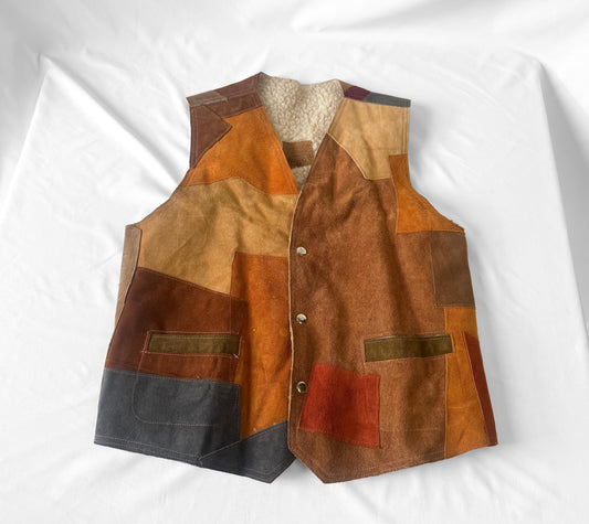 Vintage Brown Multicolor Colorblock Patchwork Suede Leather Faux Sherpa Lined Unisex Vest, Approx. Men's Sz. L, Retro 70s Boho Western Vest
