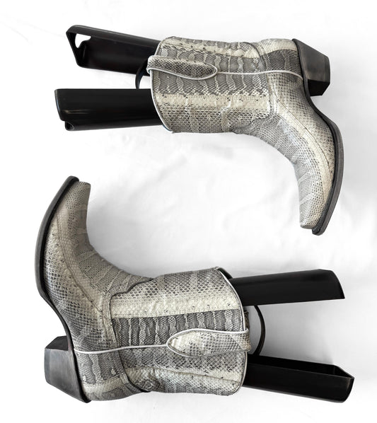 Vintage Style Corral Off-White Gray Python Snake Reptile Exotic Leather Ankle Cowboy Boots, Women's Sz. 10M, Unique Western Cowgirl Boots