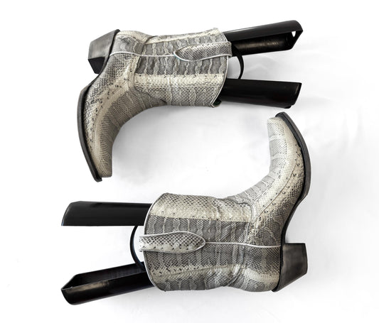 Vintage Style Corral Off-White Gray Python Snake Reptile Exotic Leather Ankle Cowboy Boots, Women's Sz. 10M, Unique Western Cowgirl Boots