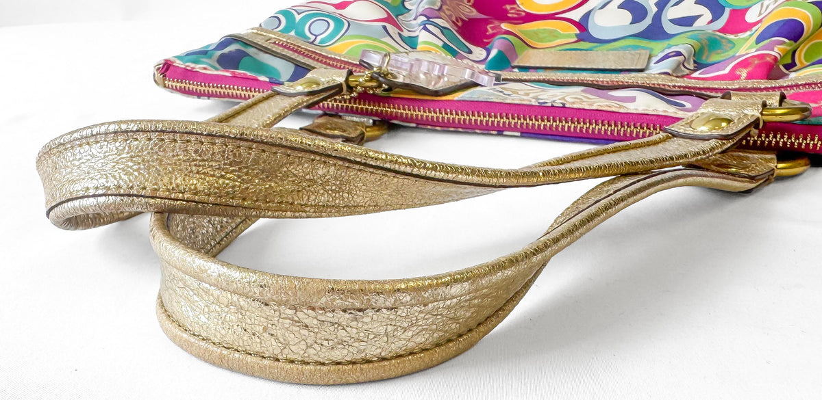Y2K Coach Poppy Graffiti Vibrant Rainbow Multicolor Metallic Gold Nylon Shoulder Tote Bag, Style #15293