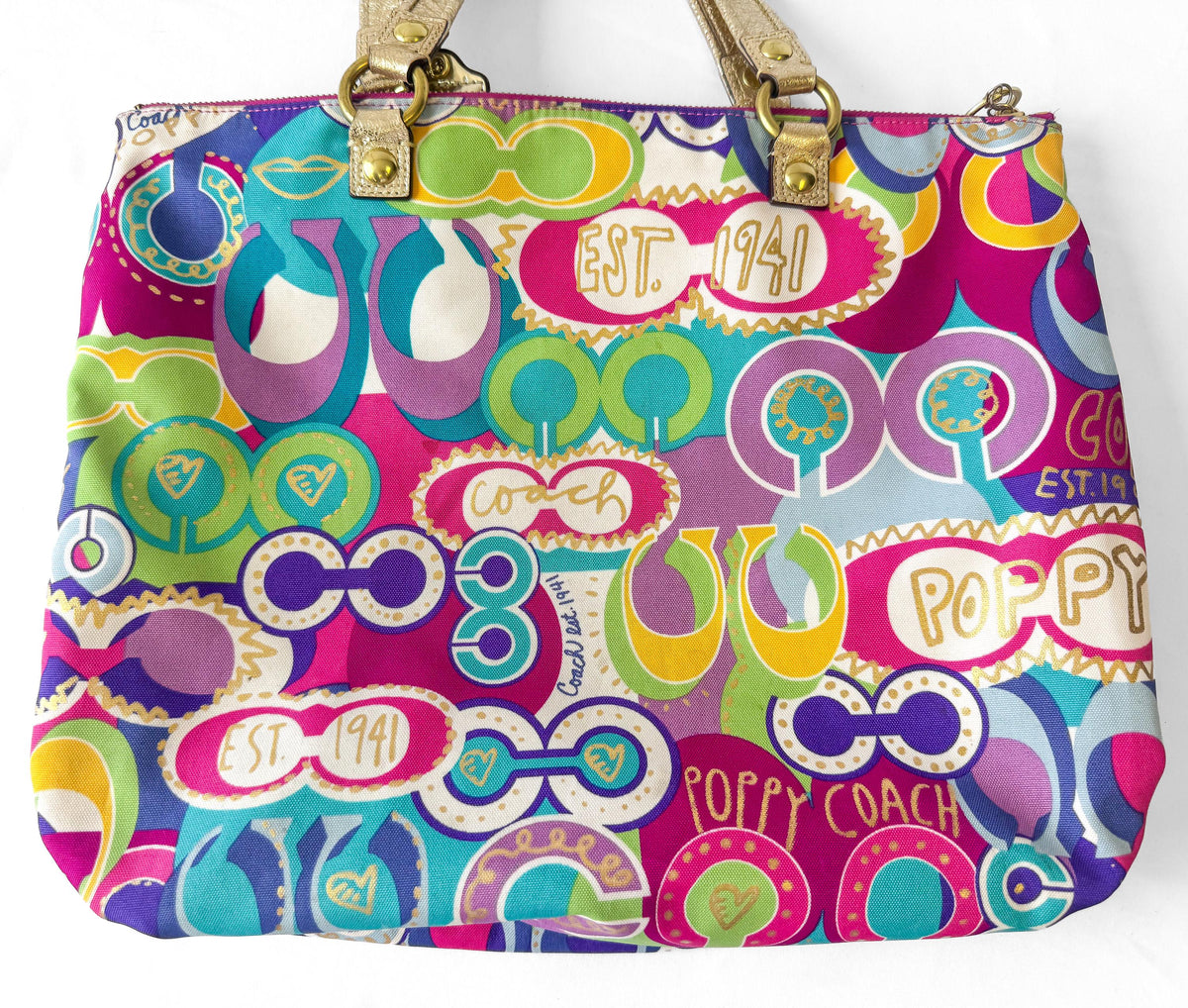 Y2K Coach Poppy Graffiti Vibrant Rainbow Multicolor Metallic Gold Nylon Shoulder Tote Bag, Style #15293