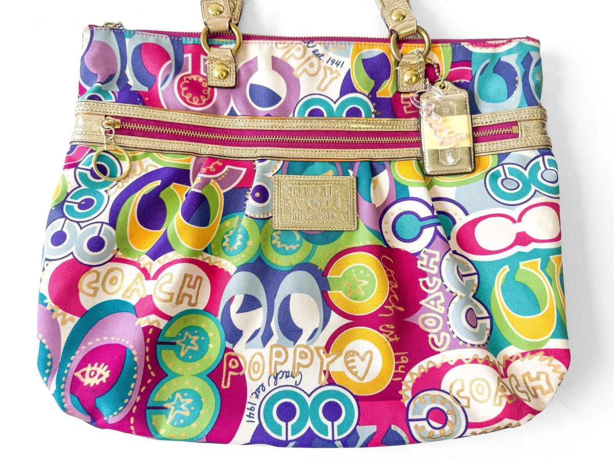 Y2K Coach Poppy Graffiti Vibrant Rainbow Multicolor Metallic Gold Nylon Shoulder Tote Bag, Style #15293