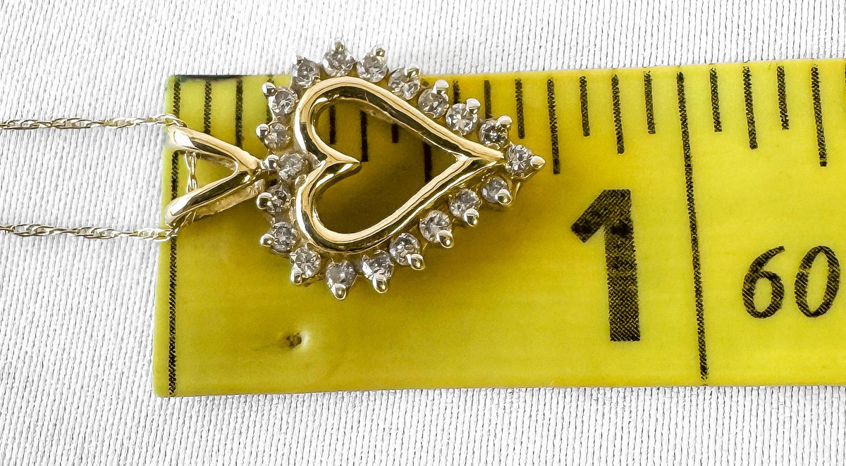 Vintage 10K Yellow Gold Round Cut Diamond Heart 20 Inch Pendant Necklace