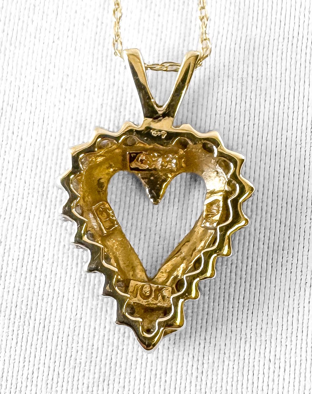 Vintage 10K Yellow Gold Round Cut Diamond Heart 20 Inch Pendant Necklace