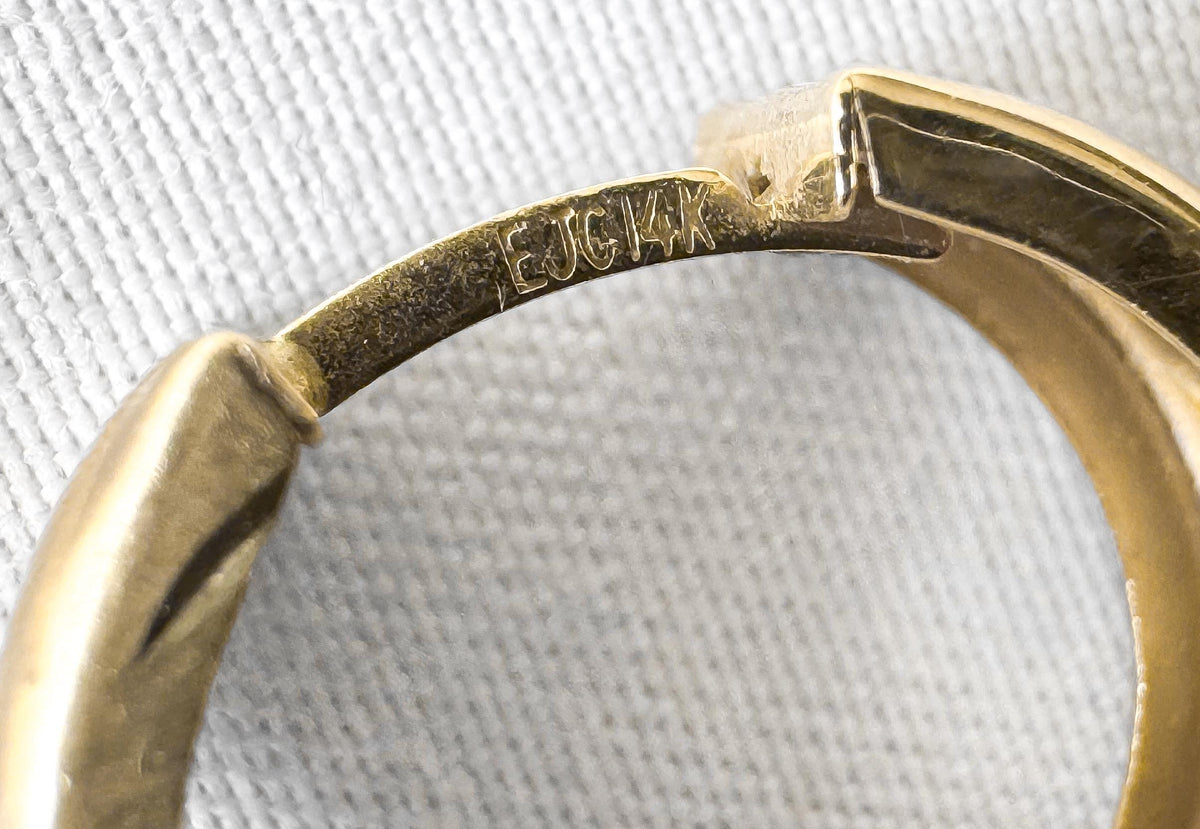 Vintage 14K Yellow Gold Quilted Diamond Etched Textured Huggie 5mm Hoop Earrings