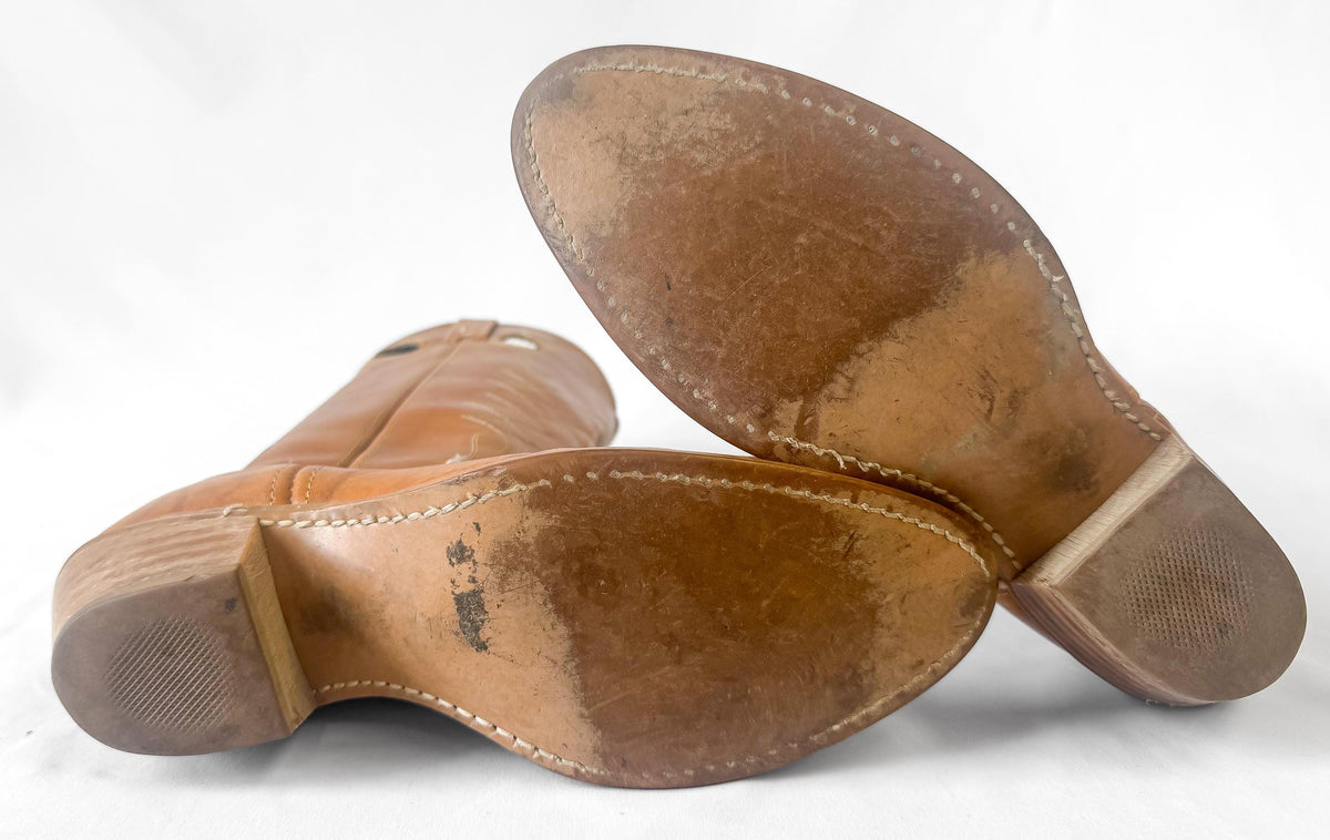 Vintage 80s Acme Camel Tan Brown Buckaroo Leather Cowboy Boots, Women's Sz. 8M, Vintage Western Festival Cowgirl Boots
