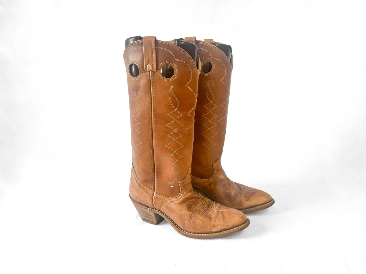 Vintage 80s Acme Camel Tan Brown Buckaroo Leather Cowboy Boots, Women's Sz. 8M, Vintage Western Festival Cowgirl Boots