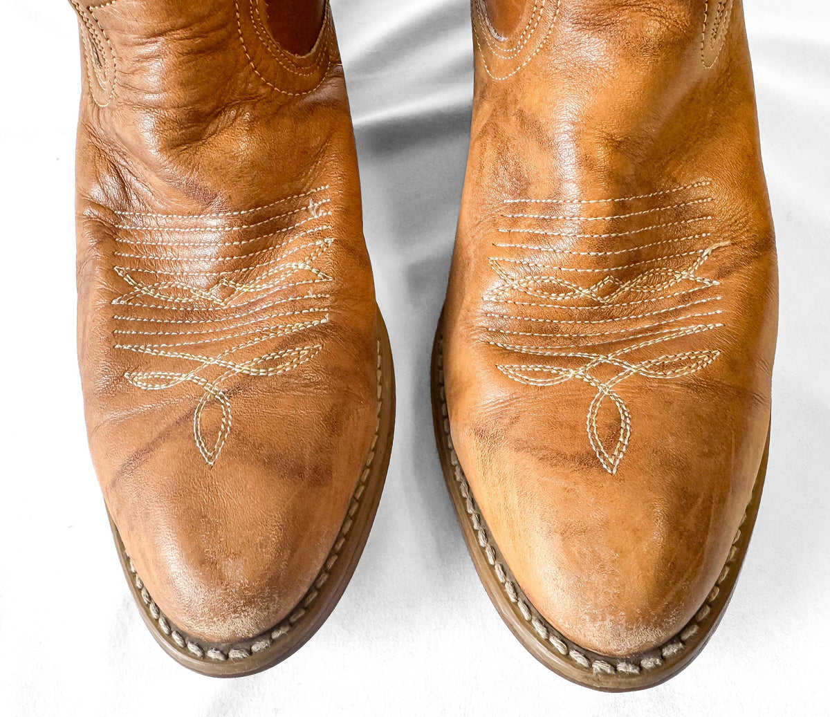 Vintage 80s Acme Camel Tan Brown Buckaroo Leather Cowboy Boots, Women's Sz. 8M, Vintage Western Festival Cowgirl Boots