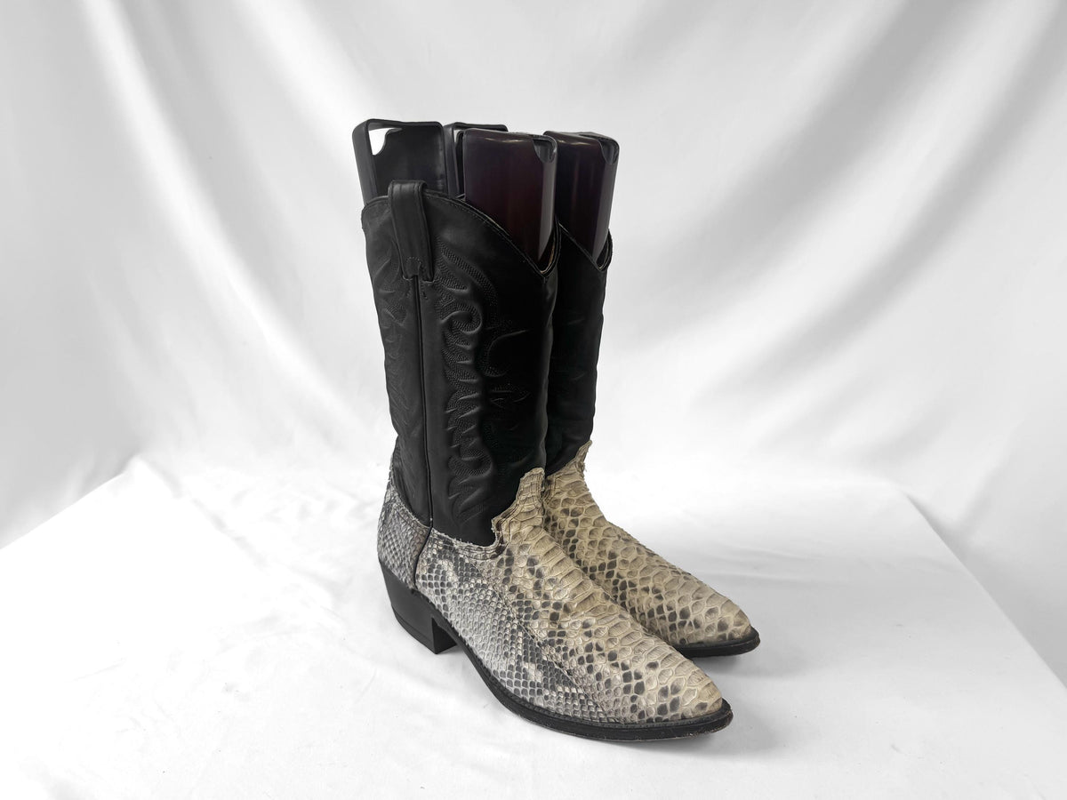 Vintage Abilene Off White Python Snakeskin Leather Cowboy Boots, Sz. 9.5D, Unique Statement Western Boots