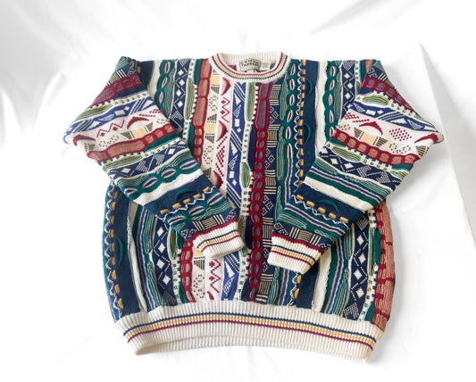 Vintage 90s Cotton Traders Rainbow Multicolor 3D Textured Carpet Coogi Style Sweater, Men's Sz. M