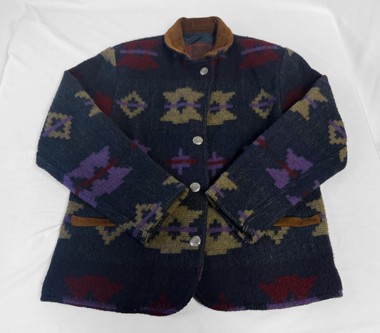 Vintage 90s Woolrich Navy Multicolor Aztec Southwest Navajo Print Wool Suede Button Cardigan Sweater, Women's Sz. S