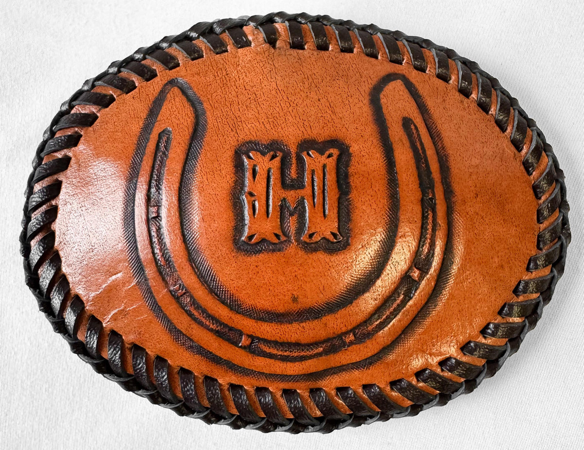Vintage Handcrafted "H" Initial Horseshoe Engraved Whipstitch Leather Oval Belt Buckle, Unique Western Rodeo Style Accessories