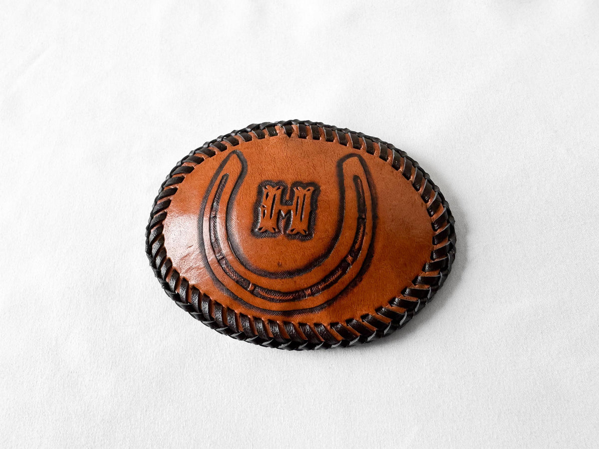 Vintage Handcrafted "H" Initial Horseshoe Engraved Whipstitch Leather Oval Belt Buckle, Unique Western Rodeo Style Accessories
