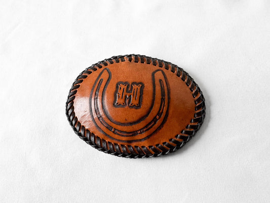Vintage Handcrafted "H" Initial Horseshoe Engraved Whipstitch Leather Oval Belt Buckle, Unique Western Rodeo Style Accessories
