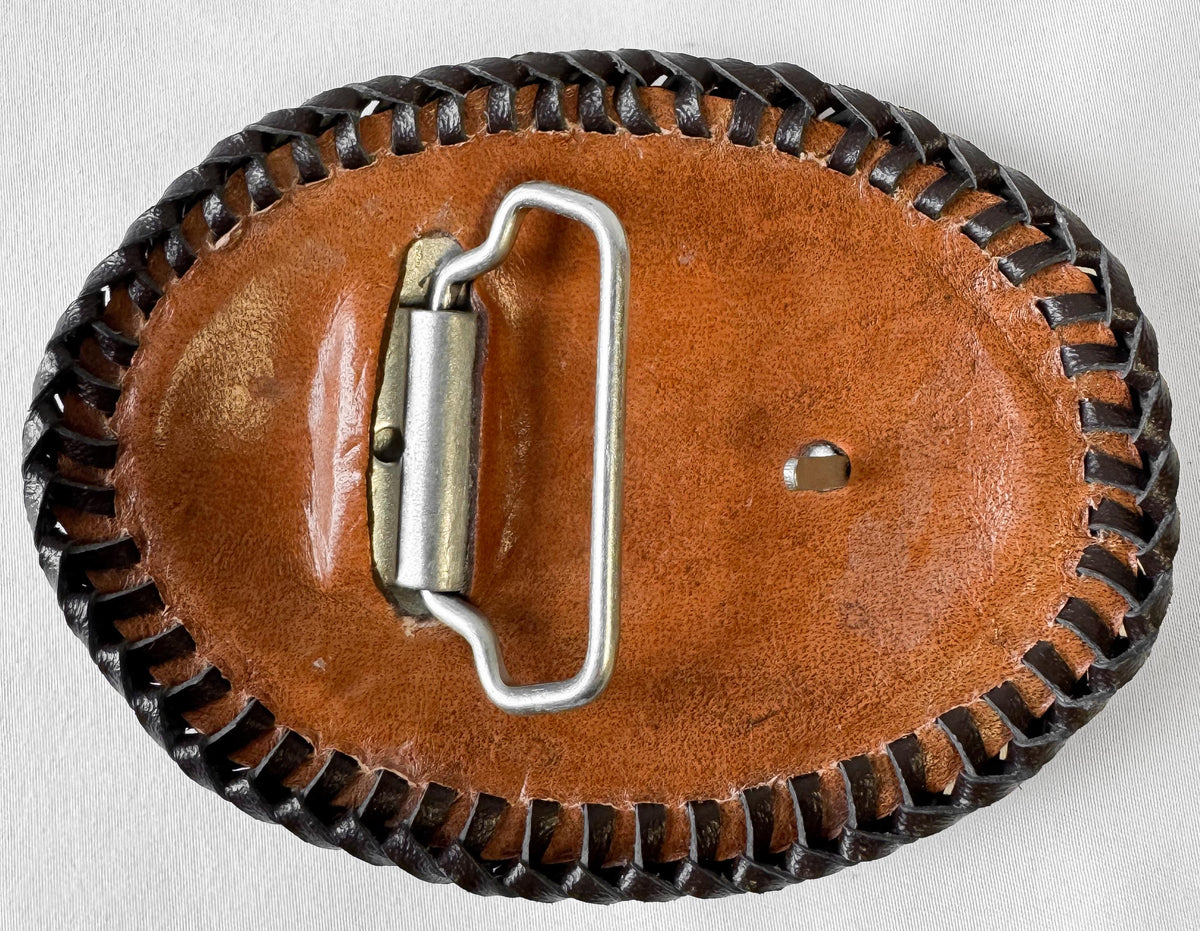 Vintage Handcrafted "H" Initial Horseshoe Engraved Whipstitch Leather Oval Belt Buckle, Unique Western Rodeo Style Accessories