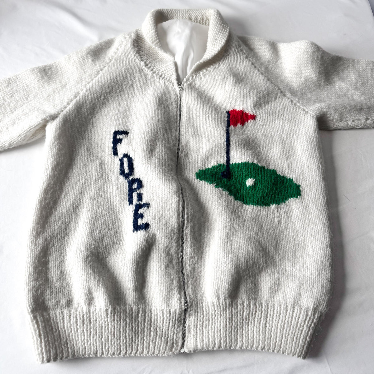 Vintage 50s White "Fore" Golf Themed Print Cowichan Zip Up Handknit Cardigan Sweater, Approx. Women's Sz. S