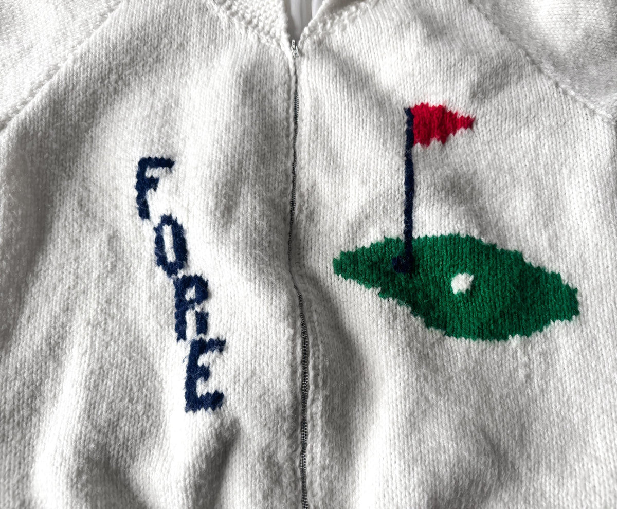 Vintage 50s White "Fore" Golf Themed Print Cowichan Zip Up Handknit Cardigan Sweater, Approx. Women's Sz. S