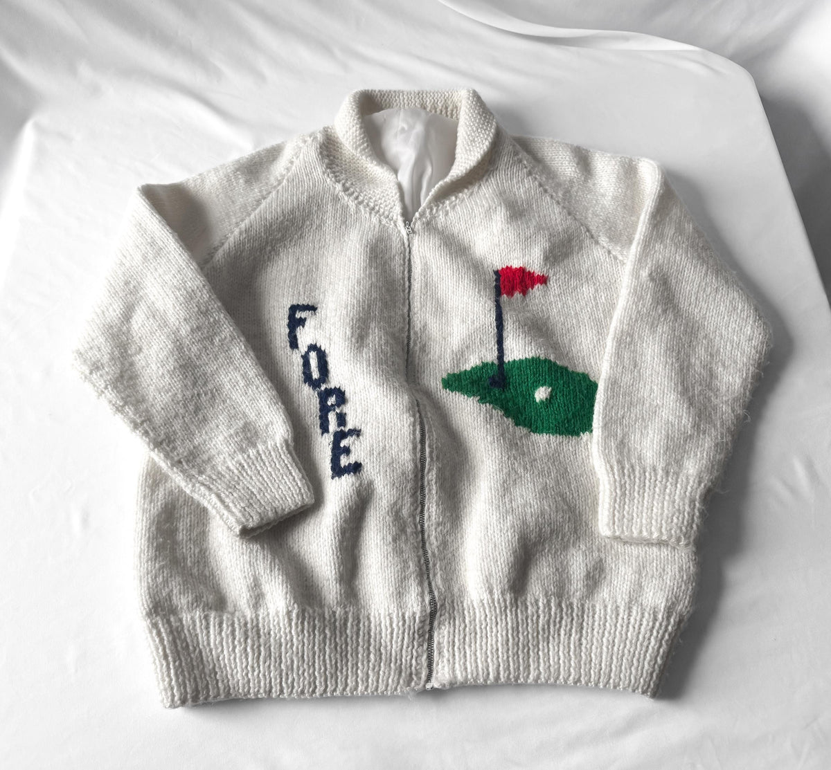 Vintage 50s White "Fore" Golf Themed Print Cowichan Zip Up Handknit Cardigan Sweater, Approx. Women's Sz. S