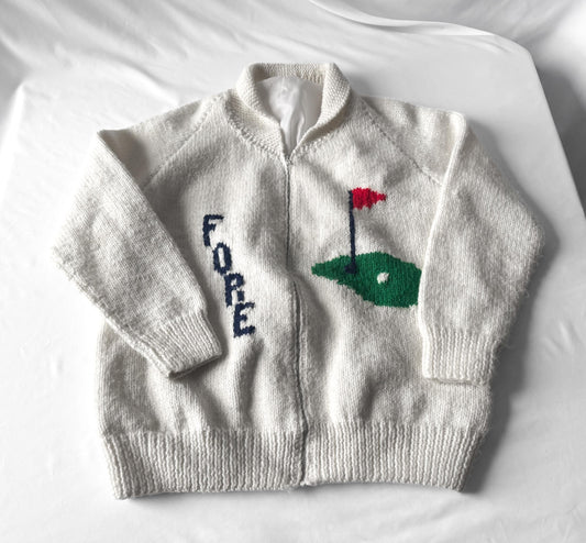 Vintage 50s White "Fore" Golf Themed Print Cowichan Zip Up Handknit Cardigan Sweater, Approx. Women's Sz. S