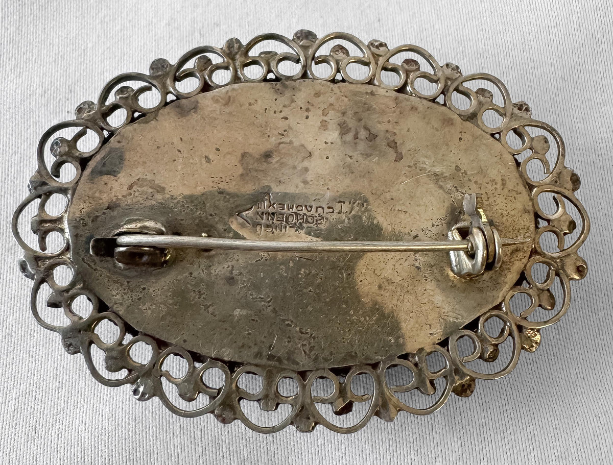 Vintage Mexico Sterling Silver Chrysoprase Cabochon Filigree Oval 2 Inch Brooch Pin