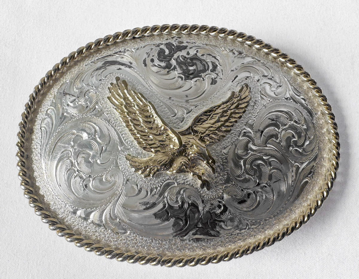 Vintage Montana Silversmiths Two Toned Eagle Floral Engraved Belt Buckle