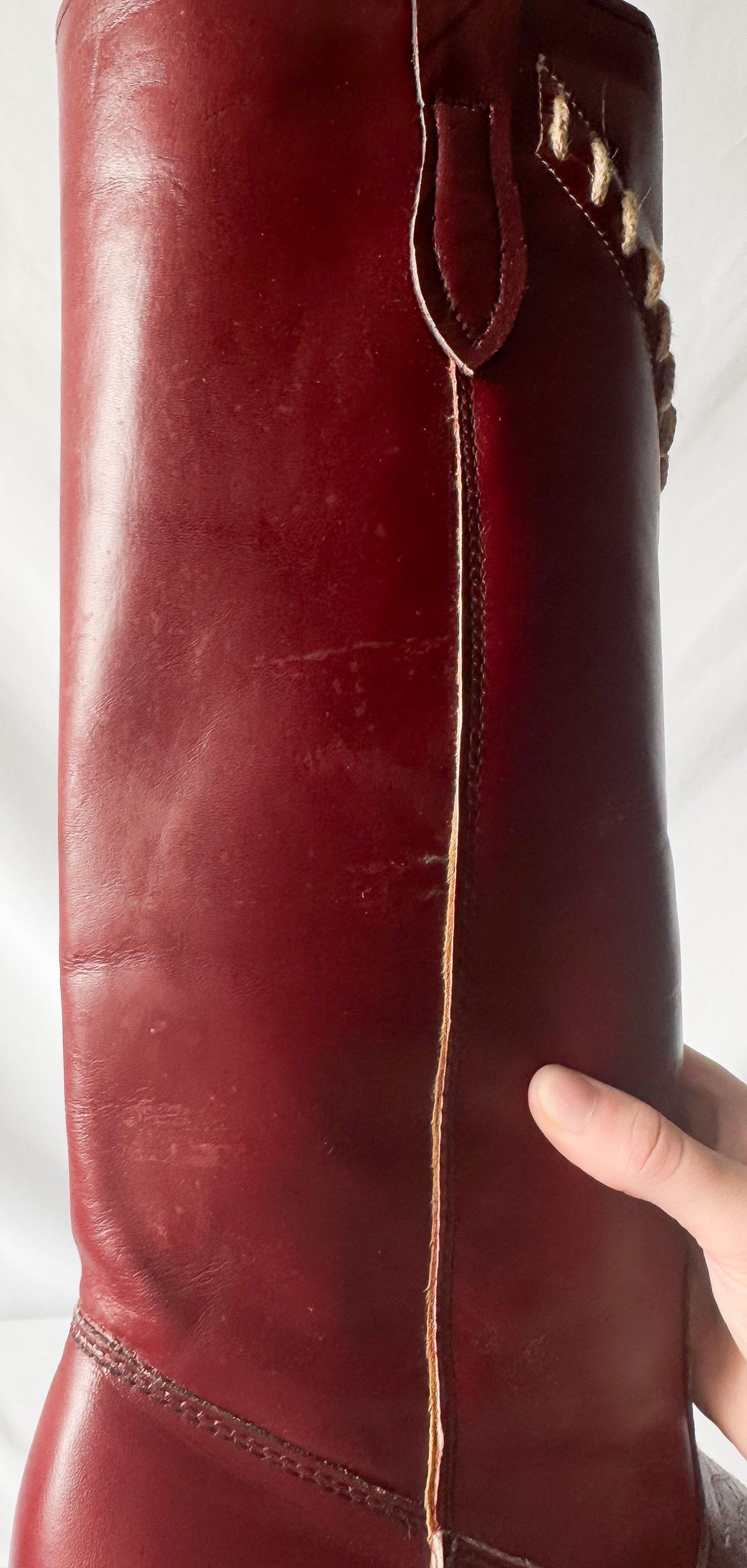 Vintage 70s Acme Burgundy Maroon Red Whipstitch Leather Knee High Western Cowboy Boots, Women's Sz. 9.5M, Unique Festival Cowgirl Boots