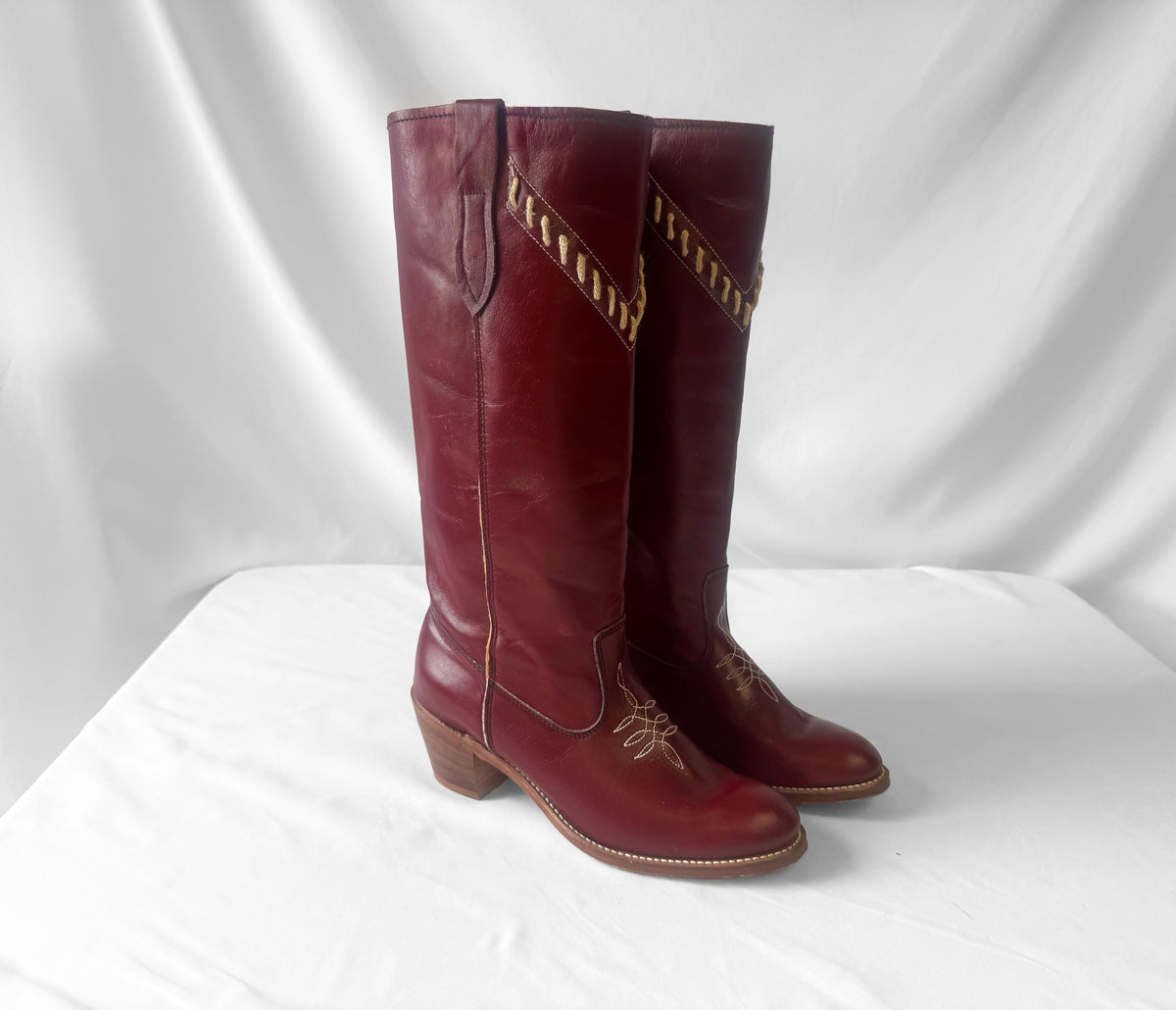 Vintage 70s Acme Burgundy Maroon Red Whipstitch Leather Knee High Western Cowboy Boots, Women's Sz. 9.5M, Unique Festival Cowgirl Boots