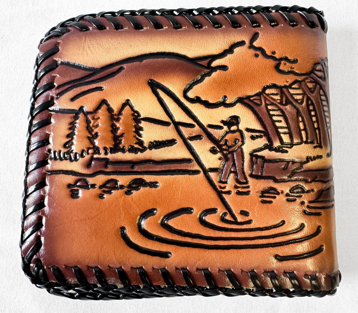 Vintage Handcrafted Fish Fisherman Tooled Leather Bifold Wallet, Unique Western Country Nature Style Wallet