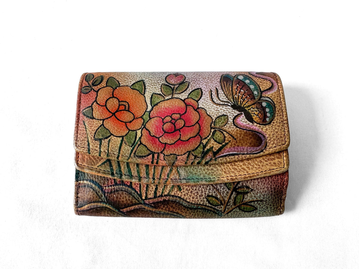 Anushka Multicolor Floral Butterfly Hand Painted Leather Wallet, Unique Boho Style Wallet