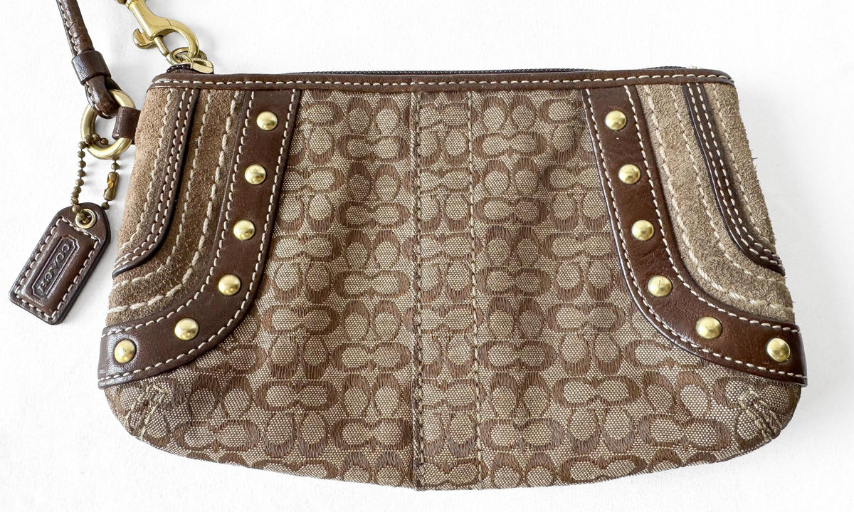 Y2K Coach Soho Signature Beige Brown Canvas Leather Suede Studded Wristlet