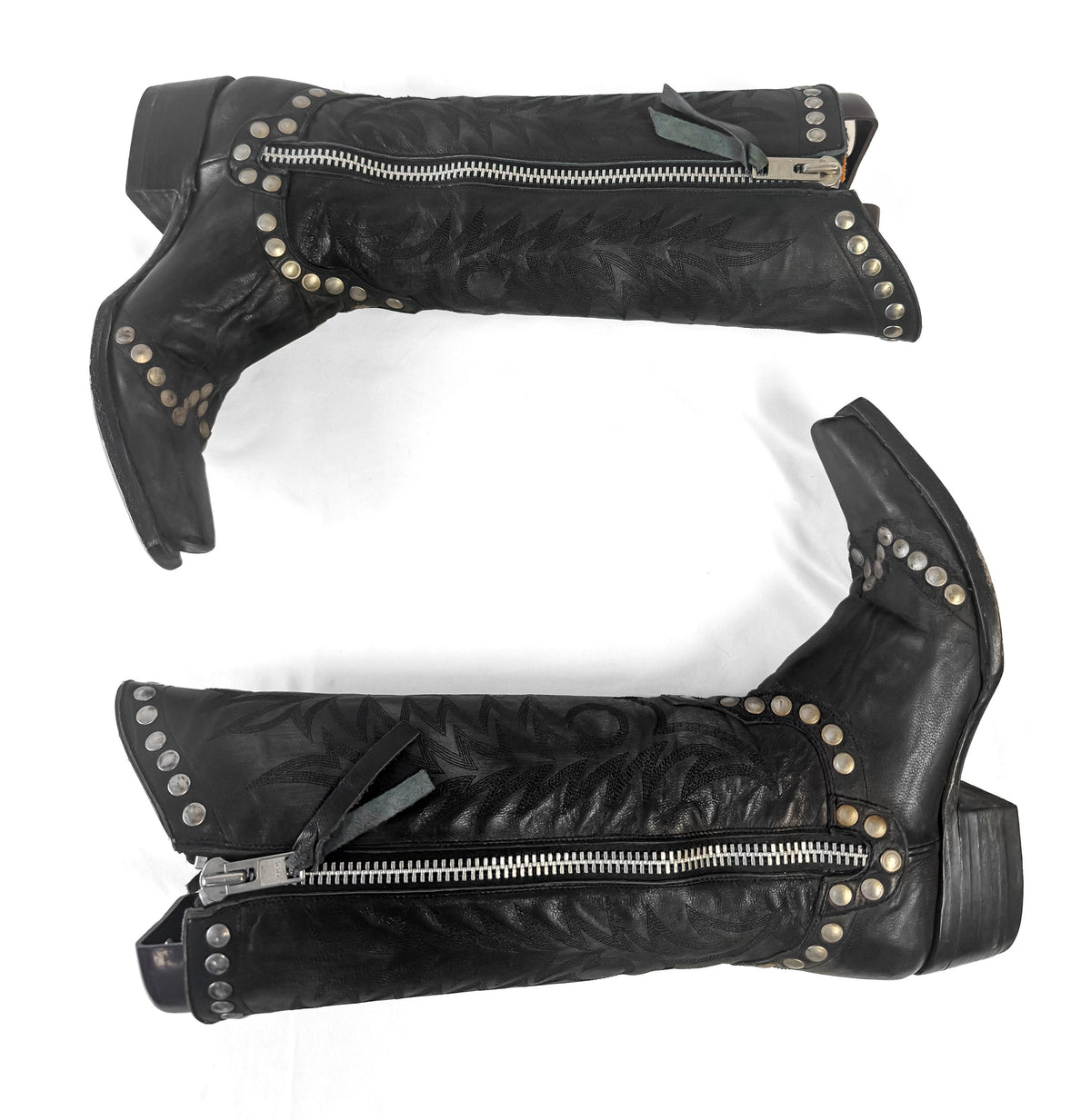 Vintage Style Old Gringo "Rockrazz" Black Studded Leather Knee High Cowboy Western Boots, Women's Sz. 6.5B